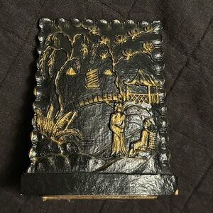 Two Vintage Brown Wood Book Ends Featuring Docked Tall Ships by Syroco Wood.